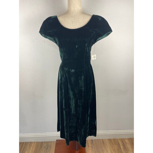 Vintage 80s 90s Donna Ricco Emerald Green Velvet Midi Dress Tie Waist Women's 8 - Picture 3 of 15